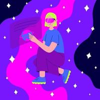 Metaverse or Virtual reality concept. Woman in digital glasses flying in outer space among planets and stars. Modern technological entertainment. Cartoon colorful flat vector illustration.