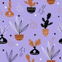 Seamless pattern with potted indoor flowers and cacti. Vector. vector