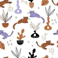 Seamless pattern with cute cats and flowers and cacti in pots. Vector. vector