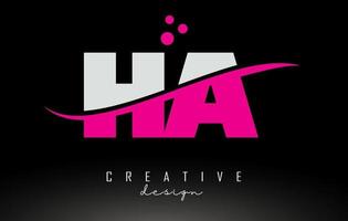 HA H A white and pinkw Letter Logo with Swoosh and dots. vector