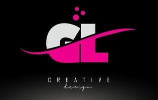 GL G L white and pink Letter Logo with Swoos and dots. vector