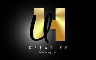 Golden Letters HU Logo with a minimalist design. Letters H and U with geometric and handwritten typography. vector