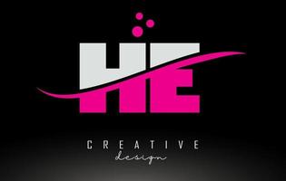 HE H E white and pink Letter Logo with Swoosh and dots. vector