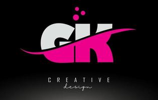 logotipo de letra gk gk blanco y rosa con swoosh y puntos. vector