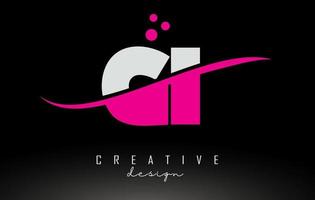 GI G I white and pink Letter Logo with Swoosh and dots. vector