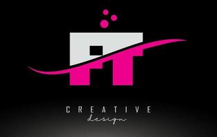 FT F T white and pink Letter Logo with Swoosh and dots. vector