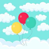 Bunch of helium balloon, air balls flying in sky. Happy birthday, holiday concept. Party decoration. Vector cartoon design