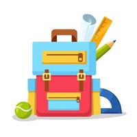 School backpack icon. Kids rucksack, knapsack isolated on white background. Bag with supplies, ruler, pencil, paper. Pupil satchel. Children education, back to school concept. Vector flat illustration