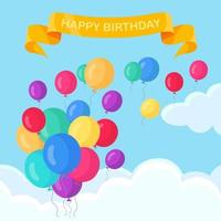 Bunch of helium balloon, air balls flying in sky. Happy birthday, holiday concept. Party decoration. Vector cartoon design