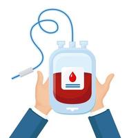 Blood bag with red drop in volunteer hand isolated on white background. Donation, transfusion in medicine laboratory concept. Save patient life. Pack of plasma. Vector flat design