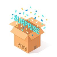 3d isometric cardboard, carton box with surprise, confetti. Open gift, container. Festive package isolated on white background. Vector cartoon design