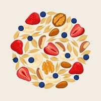 Strawberry blueberry walnut almond cereals isolated on light background. Heap of berries bananas and nuts. Vector illustration