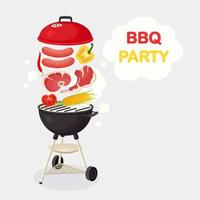 Portable round barbecue with grill sausage, beef steak, ribs, fried meat vegetables isolated on background. BBQ device for picnic, family party. Barbeque icon. Cookout event concept Vector flat design
