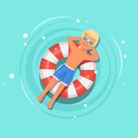 Smile man swims, tanning on air mattress, life buoy in swimming pool. Boy floating on beach toy, rubber ring. Inflatable circle on water. Summer holiday, vacation, travel time. Vector flat design
