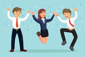 Happy business people jumping for joy. Smiling man and woman in suit isolated on background. Employee celebrate success, victory, good work. Vector illustration. Flat design