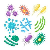 Set of bacteria, microbes, virus, germs. Disease-causing object isolated on background. Bacterial microorganisms, probiotic cells. Vector cartoon design.