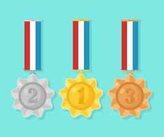 Gold, silver, bronze medal for first place. Trophy, award for winner  isolated on blue background. Set of golden badge with ribbon. Achievement, victory. Vector cartoon illustration Flat design