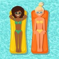 Smile woman, girl swims, tanning on air mattress in swimming pool. People floating on toy with ball isolated on water background. Inflatable circle. Summer holiday, vacation, travel Vector flat design