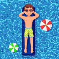 Smile man swims, tanning on air mattress in swimming pool. Character floating on toy isolated on water background. Inflatable circle. Summer holiday, vacation, travel time. Vector flat illustration