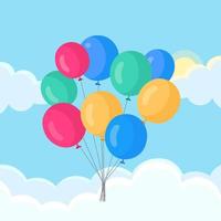 montón de globos de helio, bolas de aire volando en el cielo. feliz cumpleaños, concepto de vacaciones. decoración de fiesta diseño de dibujos animados de vectores