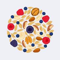 Strawberry blueberry walnut almond cereals isolated on light background. Heap of berries bananas and nuts. Vector illustration