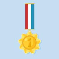 Gold medal with colorful ribbon for first place. Trophy, winner award isolated on background. Golden badge icon. Sport, business achievement, victory concept. Vector illustration. Flat style design