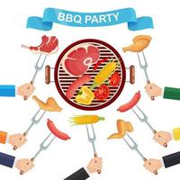 barbacoa redonda portátil con salchicha a la parrilla, bistec de ternera, pollo frito, verduras de carne aisladas en el fondo. picnic barbacoa, fiesta familiar. icono de barbacoa. ilustración plana de vector de concepto de evento de comida al aire libre