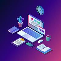 Working process. Time management. 3d isometric office workplace with computer, laptop, pc, mobile phone, coffee, clock, calendar, document. Vector design for banner
