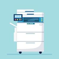 Printer, office machine. Scanner, copy, fax equipment. Multifunction device. Paperwork concept. Vector cartoon design