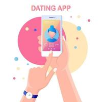 Hand hold mobile phone with dating app profile on display. Application for find love. Site for search couple. Vector flat design