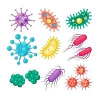 Set of bacteria, microbes, virus, germs. Disease-causing object isolated on background. Bacterial microorganisms, probiotic cells. Vector cartoon design.