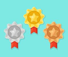 Set of gold, silver, bronze medal with star for first place. Trophy, award for winner isolated on blue background. Golden badge with ribbon. Achievement, victory concept. Vector cartoon flat design