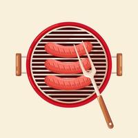 Portable round barbecue with grill hot sausage isolated on background. BBQ device for picnic, family party. Bratwurst. Barbeque icon. Cookout event concept. Vector illustration. Flat style design