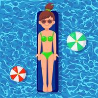 Smile girl swims, tanning on air mattress in swimming pool. Woman floating on toy isolated on water background. Inflatable circle. Summer holiday, vacation, travel time. Vector flat illustration