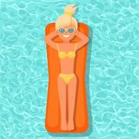 Smile girl swims, tanning on air mattress in swimming pool. Woman floating on toy isolated on water background. Inflatable circle. Summer holiday, vacation, travel time. Vector flat illustration