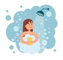 Happy woman taking shower in bathroom. Wash head, hair, body, skin with shampoo, soap, sponge. Hygiene, everyday routine. Vector flat cartoon design