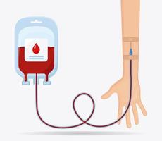 Blood bag with red drop and volunteer hand isolated on white background. Donation, transfusion in medicine laboratory concept. Save patient life. Vector flat design