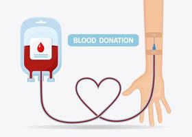 Blood bag with red drop and volunteer hand isolated on whit background. Donation, transfusion in medicine laboratory concept. Pack of plasma with heart. Save patient life. Vector flat design