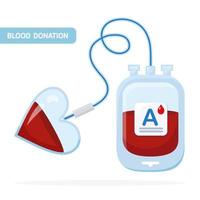 Blood bag with red drop isolated on white background. Donation, transfusion in medicine laboratory concept. Pack of plasma with heart. Save patient life. Vector flat design