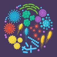 Set of bacteria, microbes, virus, germs. Disease-causing object isolated on background. Bacterial microorganisms, probiotic cells. Vector cartoon design.