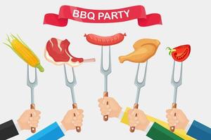Grill hot chicken ham, sausage, beef ribs, steak with fork in hand isolated on white background. Fried meat, corn, tomatoes. Barbecue icon. BBQ picnic, family party. Cookout event. Vector flat design