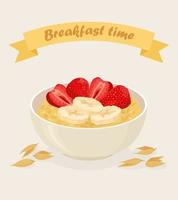Porridge oats in bowl with bananas, berries, strawberry, nuts and cereals isolated on white background. Healthy breakfast