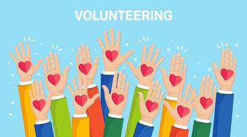 Raised hands with colorful heart. Volunteering, charity, donate blood concept. Thank for care. Vote of crowd. Vector flat design