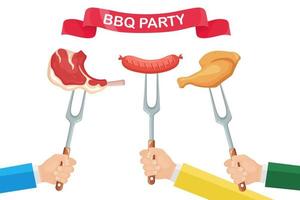 Grill hot chicken ham, sausage, beef ribs, steak with fork in hand isolated on white background. Fried meat. Festival ribbon. Barbecue icon. BBQ picnic, family party. Cookout event. Vector flat design