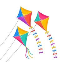 Colorful kite fly in sky isolated on white background. Summer, spring holiday, toy for child. Vector flat design