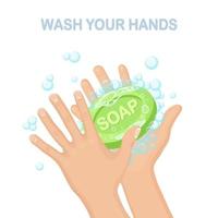 lavarse las manos con espuma de jabón, exfoliante, burbujas de gel. higiene personal, concepto de rutina diaria. cuerpo limpio diseño de dibujos animados de vectores