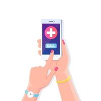 Human hand hold mobile phone with cross on screen. Call doctor, ambulance. Smartphone isolated on white background. Vector flat design