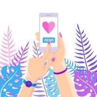Valentine's day illustration. Send or receive love sms, letter, email with mobile phone. White cellphone with red heart icon in hand isolated on background. Vector flat design