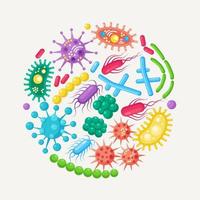 Set of bacteria, microbes, virus, germs. Disease-causing object isolated on background. Bacterial microorganisms, probiotic cells. Vector cartoon design.