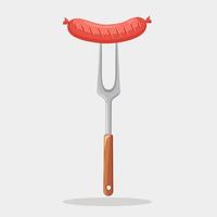 Grill hot sausage with fork isolated on white background. Bratwurst. Barbecue icon. BBQ picnic, family party. Cookout event concept. Vector illustration. Flat style design